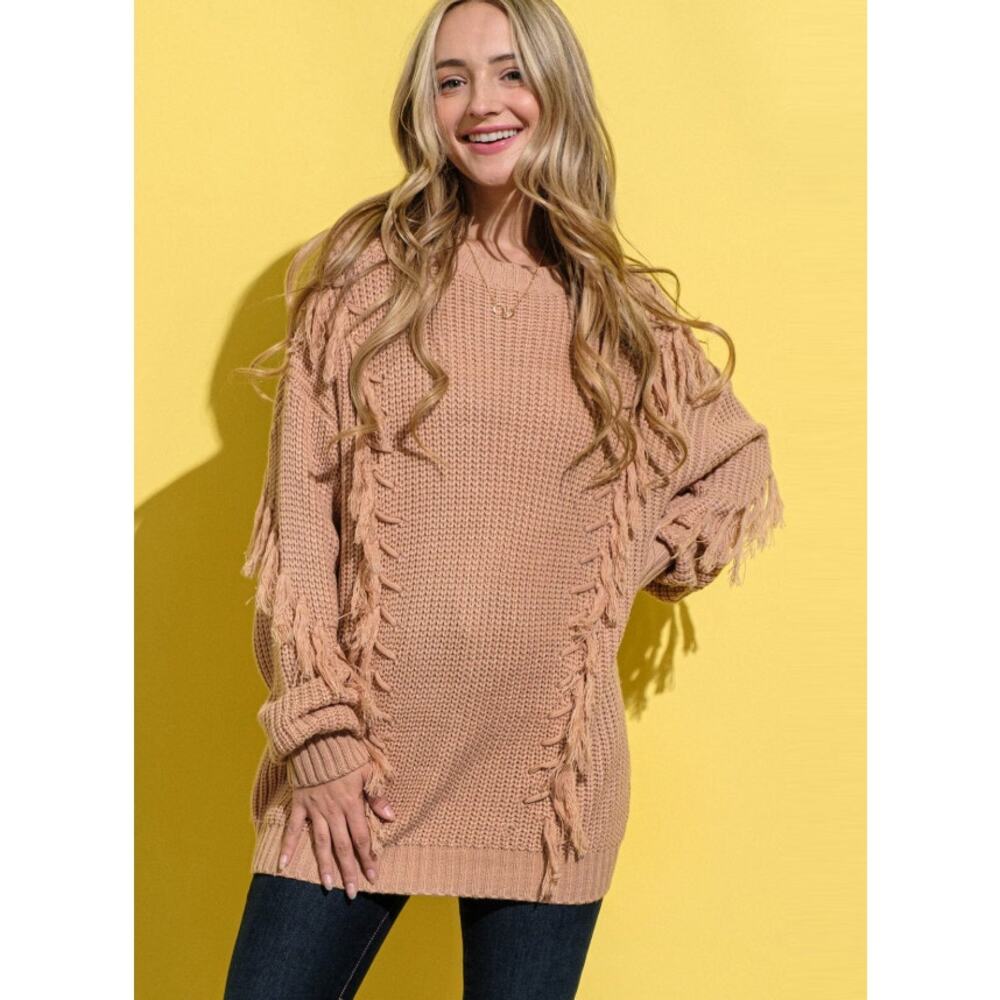 Chunky Fringe Sweater Boho Knit Tan Oversized Size S/M - Picture 2 of 5